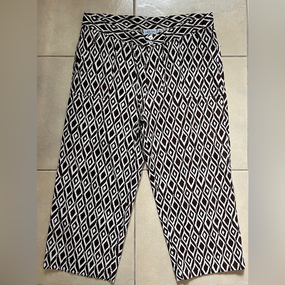 Kate Parks Women’s Linen Capri Pants Brown Cream Designer Buttons Pockets Sz 16